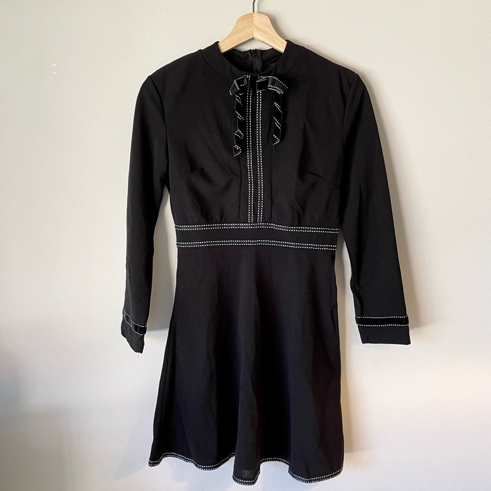 Black Long-Sleeve Dress with Bow and Stitch Detailing